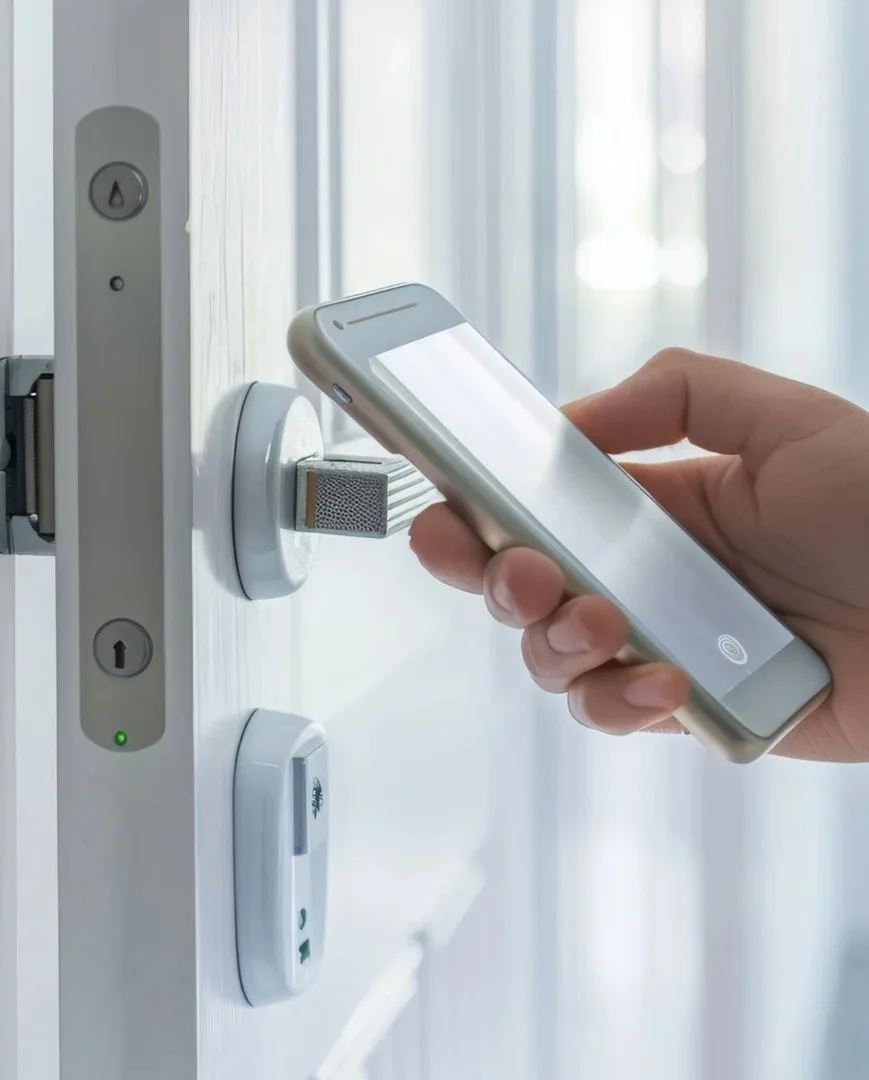 una puerta con cerradura inteligente y un teléfono móvil